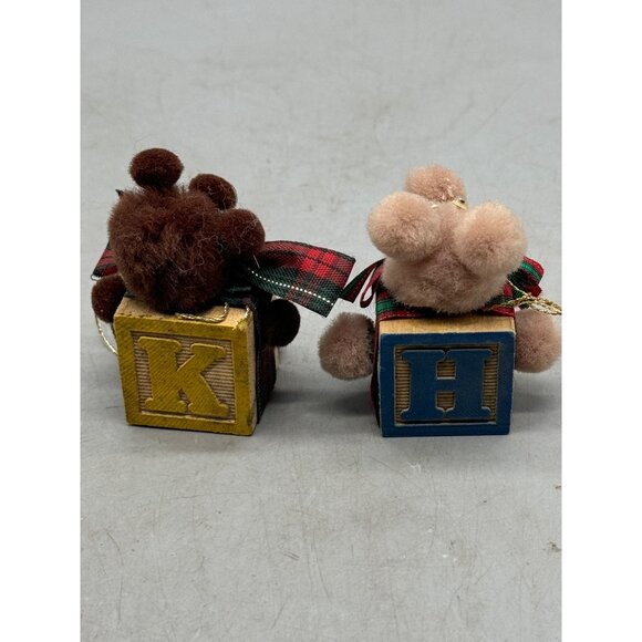 Vintage handmade Fuzzy Bear & Mouse Christmas Tree Ornaments On Alphabet Blocks - Picture 5 of 7